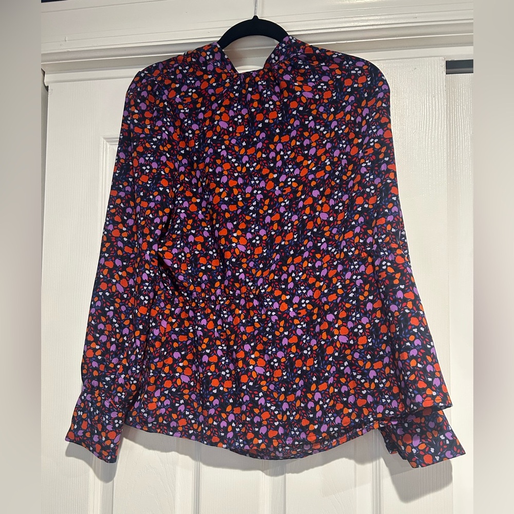 Halogen Black Blouse with Red, Purple & Orange Petal Print
